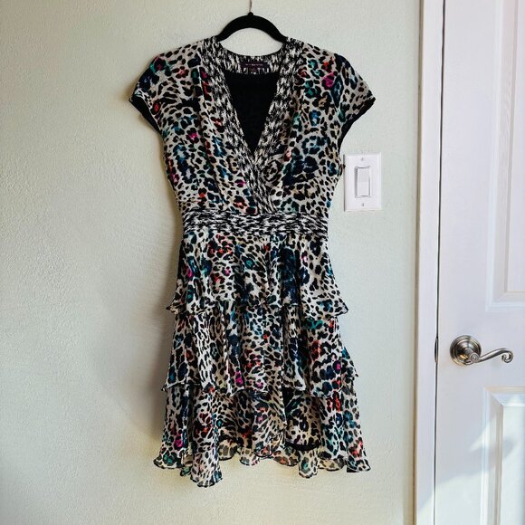 Marchesa Voyage Tiered Leopard Ruffle Silk Mini Dress Size 4 Multicolor Chic - Picture 1 of 5